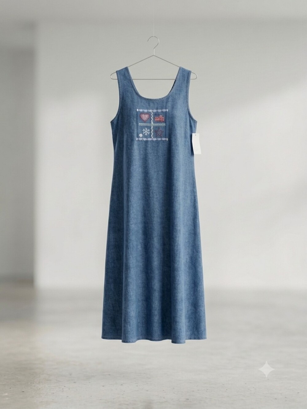 Koret Size 22 Sleeveless Blue Denim Maxi Dress with Embroidered Chest Panel